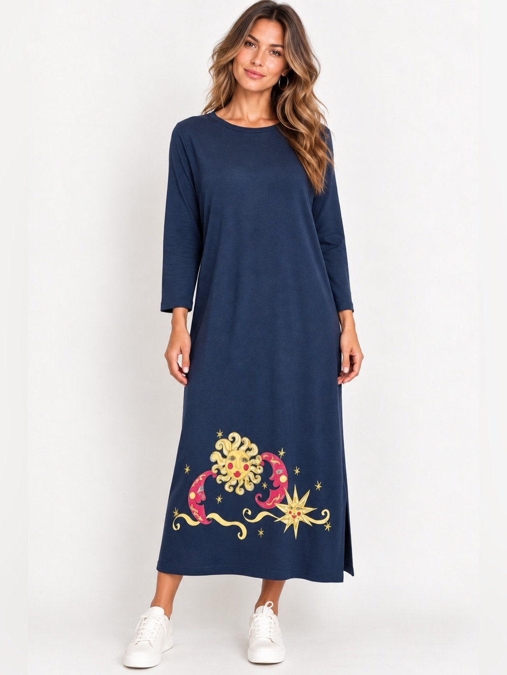 Willow Ridge Vintage 90s Celestial Sun Moon Blue Long Sleeve Maxi Dress Size 1X